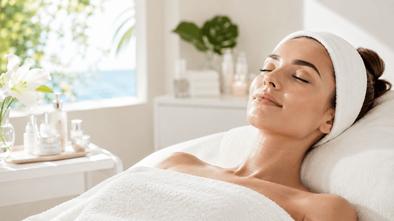 Cuidado de la piel en verano con tratamiento facial Mujer relajada durante un tratamiento facial de verano en Acqua Estética Palencia