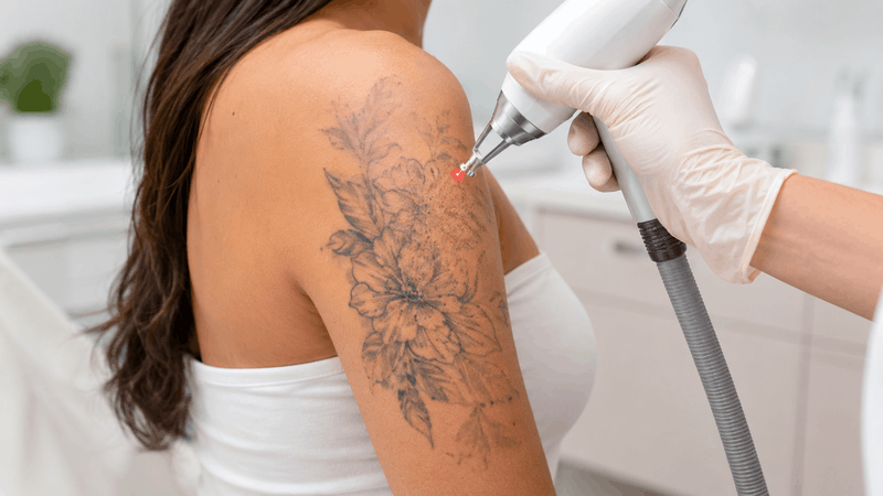 Eliminación de tatuaje con láser Proceso de eliminación de tatuaje floral con láser en el brazo